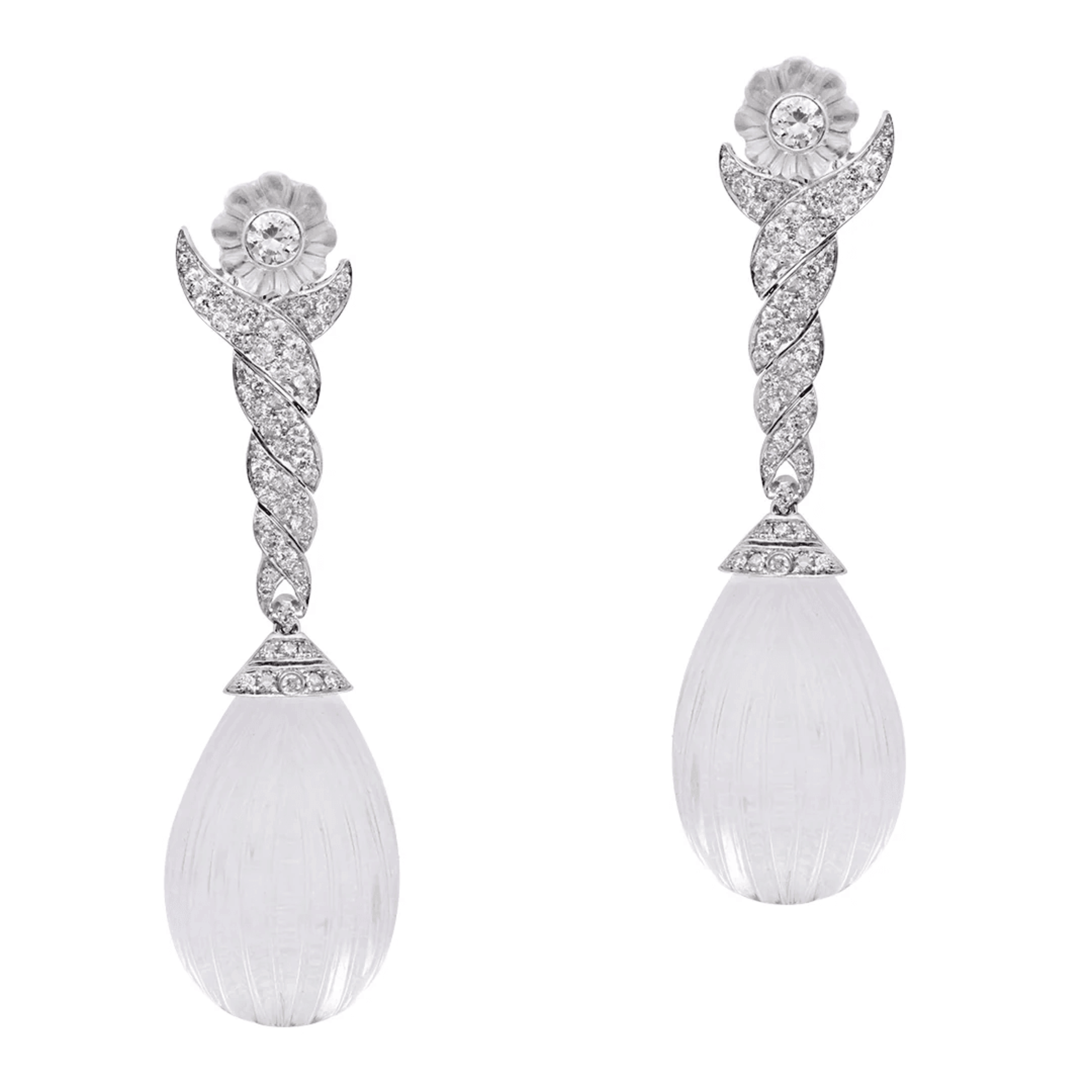Contemporary Platinum Rock Crystal & Diamond Earrings front
