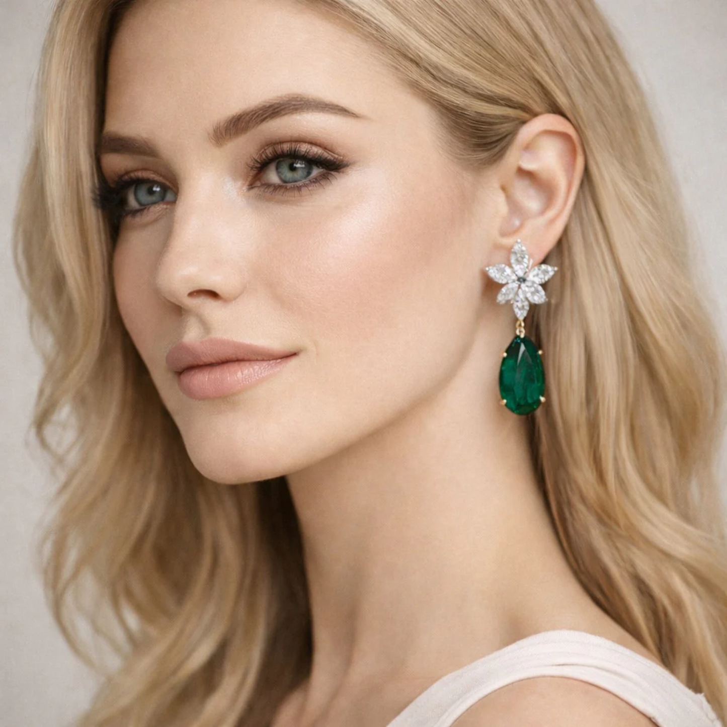 Post-1980s Platinum & 18KT Yellow Gold Emerald & Diamond Earrings on ear