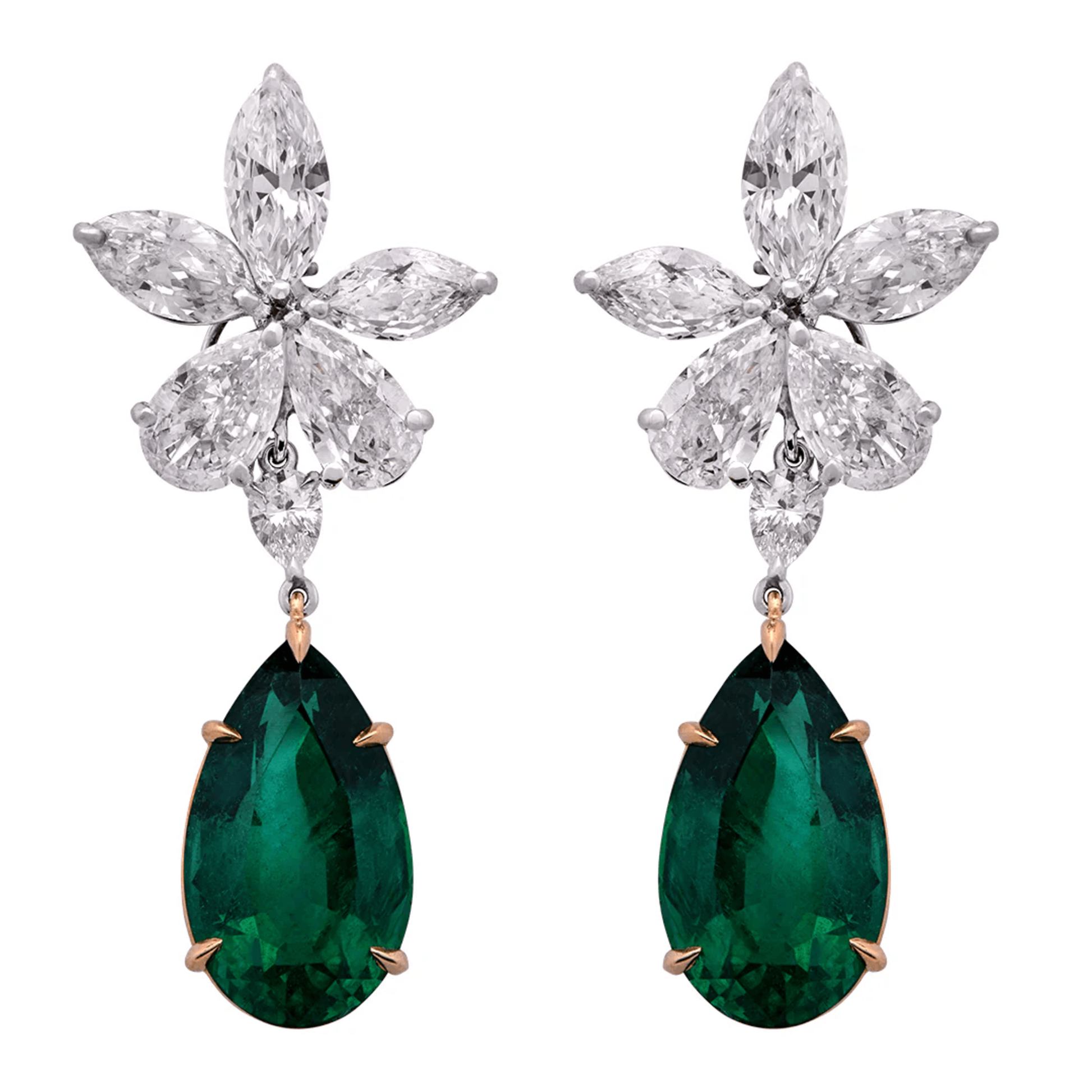 Post-1980s Platinum & 18KT Yellow Gold Emerald & Diamond Earrings front