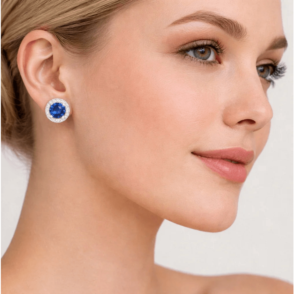 Contemporary 18KT White Gold Sapphire & Diamond Earrings on ear