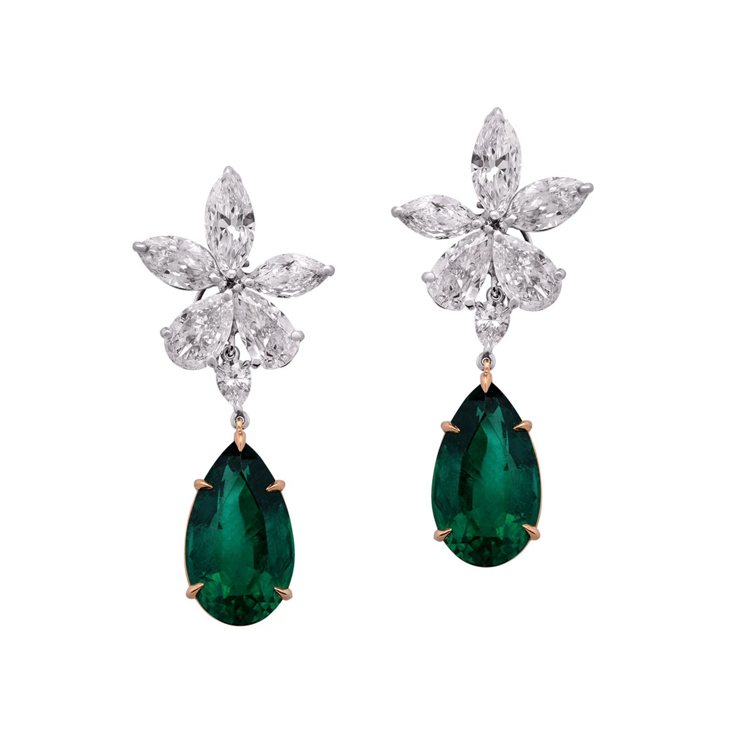 Post-1980s Platinum & 18KT Yellow Gold Emerald & Diamond Earrings front