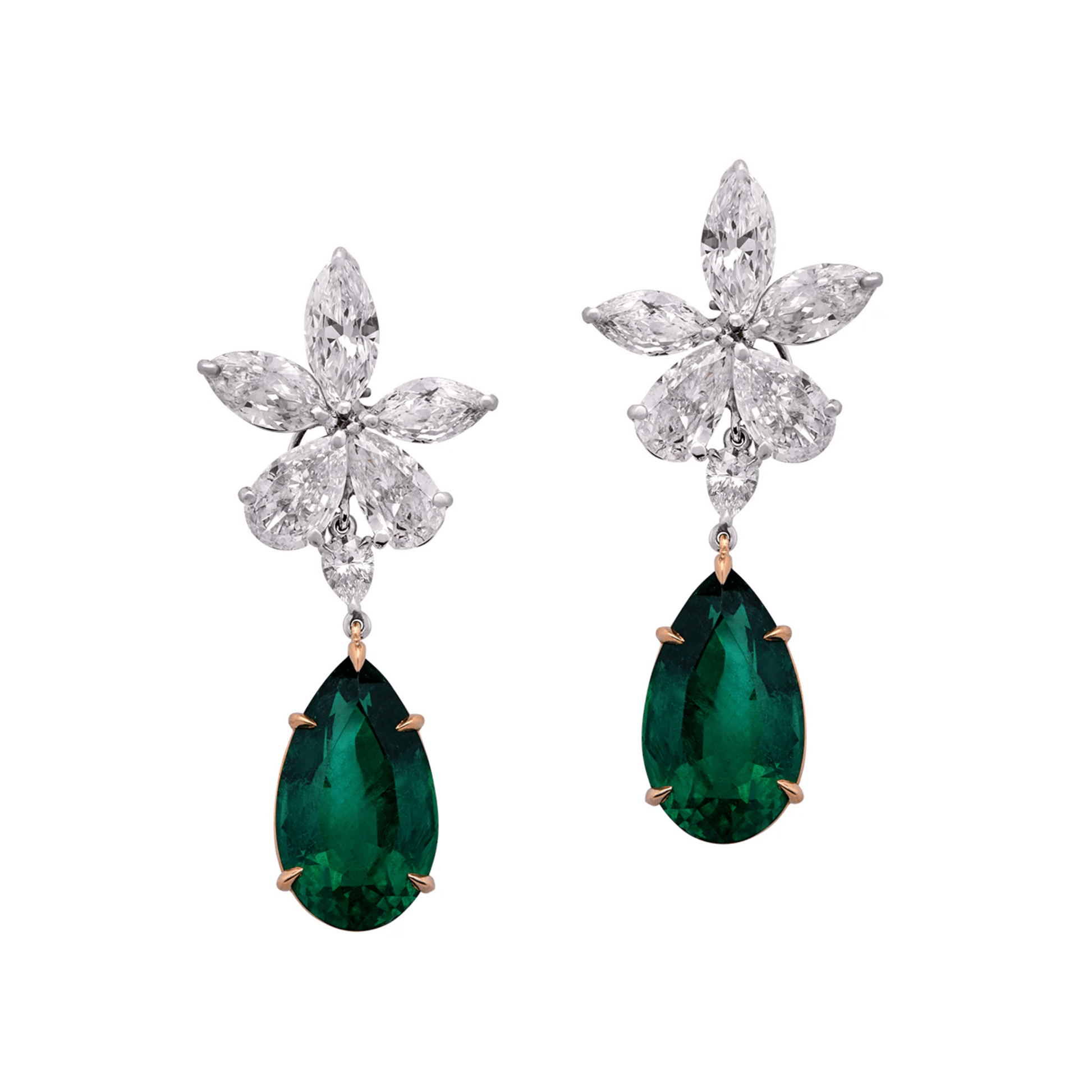 Post-1980s Platinum & 18KT Yellow Gold Emerald & Diamond Earrings front