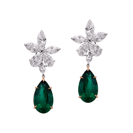Post-1980s Platinum & 18KT Yellow Gold Emerald & Diamond Earrings front