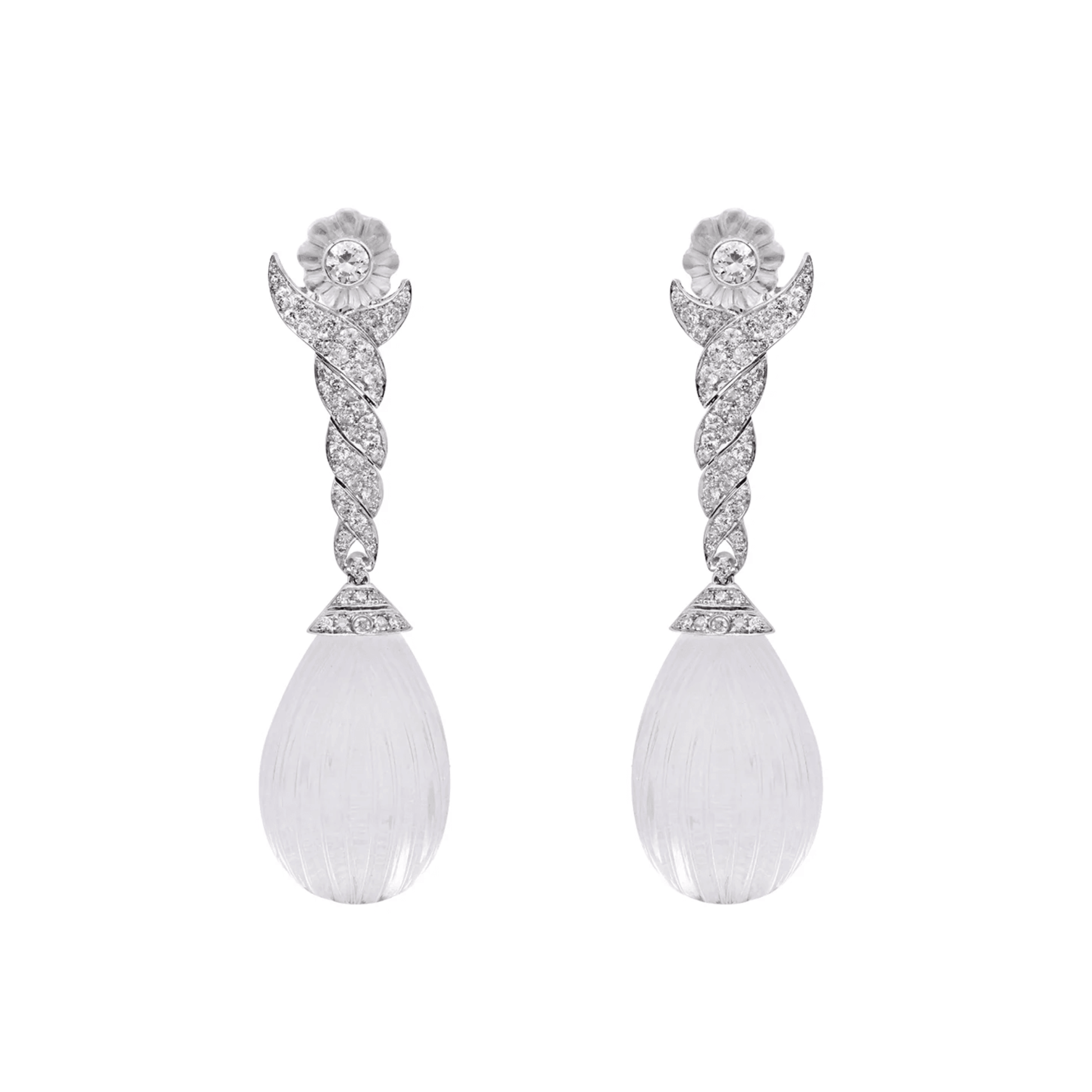 Contemporary Platinum Rock Crystal & Diamond Earrings front