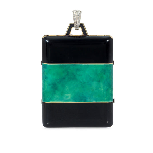Art Deco 18KT Yellow Gold & Platinum Diamond & Enamel Locket Pendant back