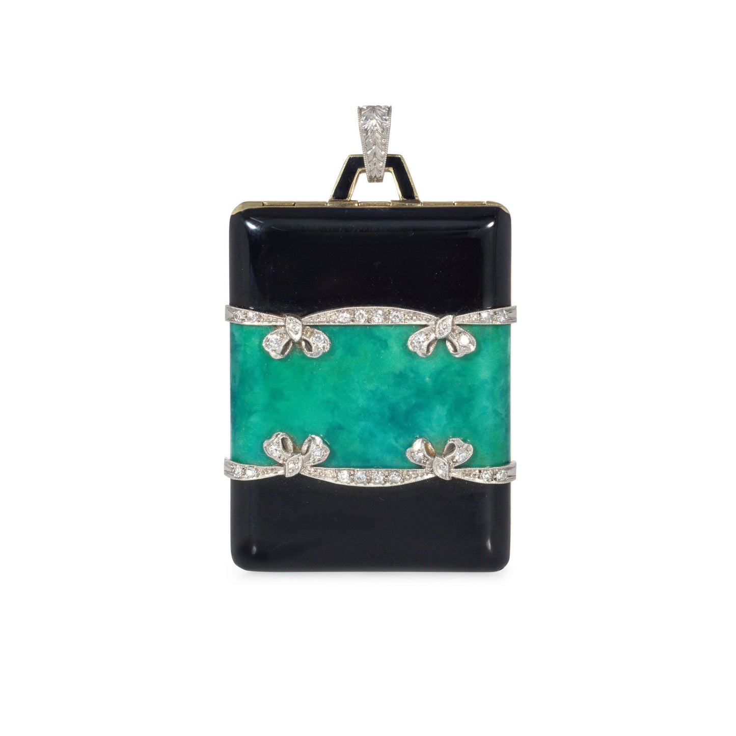 Art Deco 18KT Yellow Gold & Platinum Diamond & Enamel Locket Pendant front
