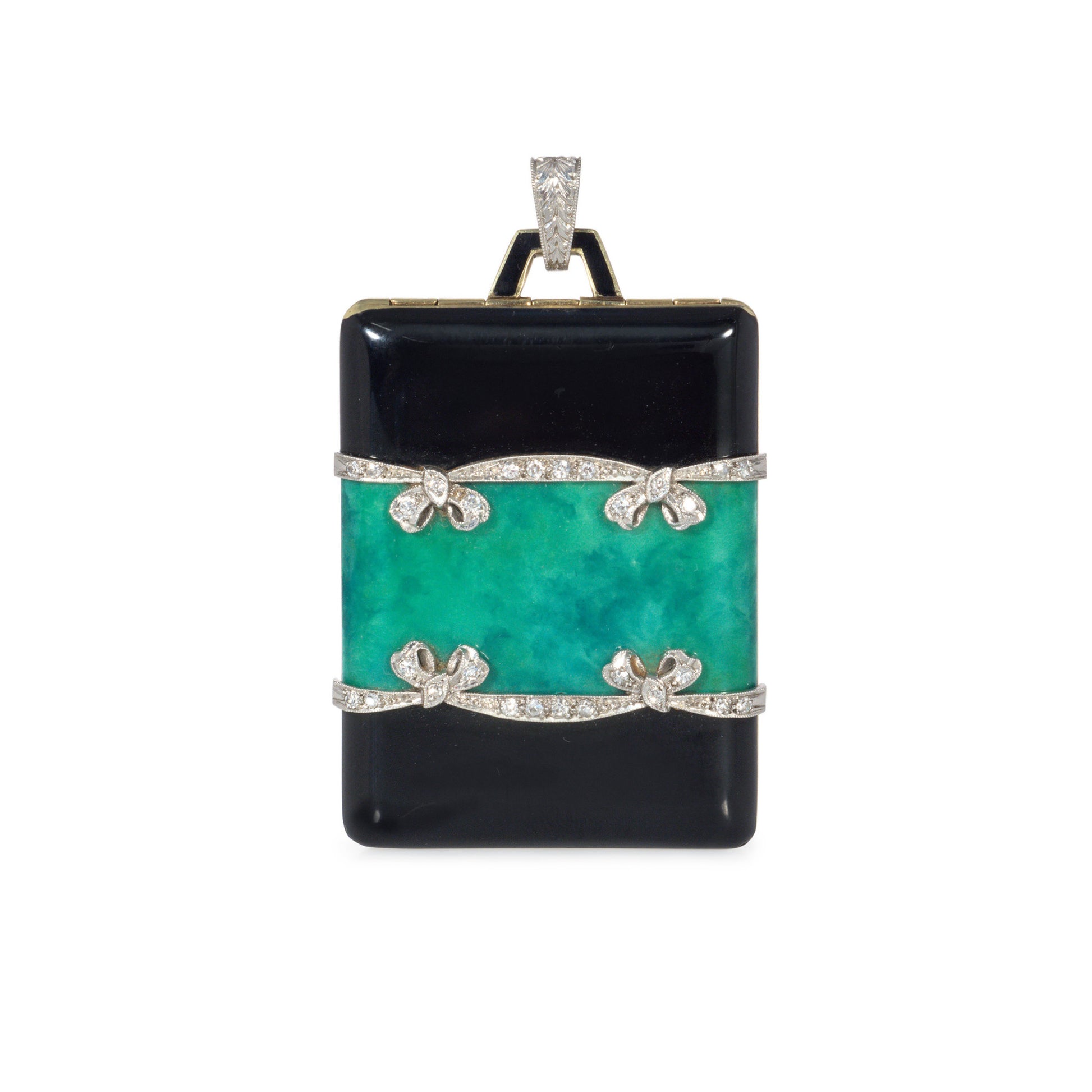 Art Deco 18KT Yellow Gold & Platinum Diamond & Enamel Locket Pendant front