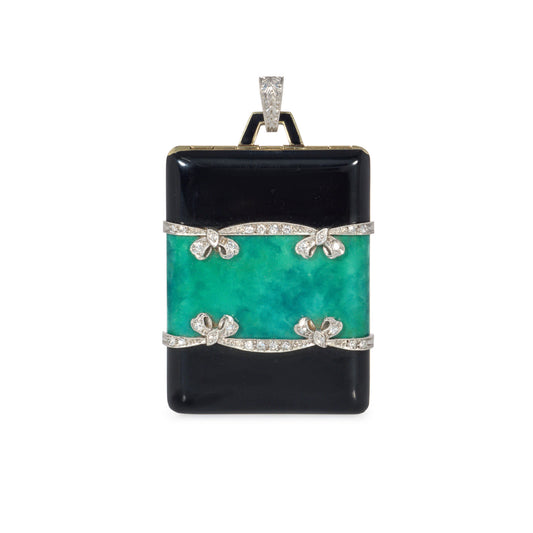 Art Deco 18KT Yellow Gold & Platinum Diamond & Enamel Locket Pendant front