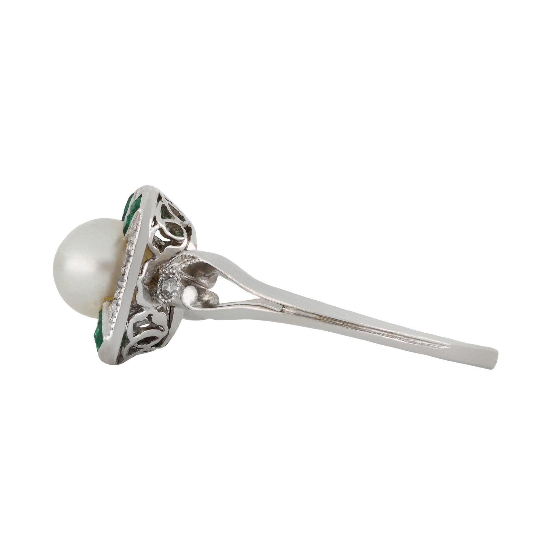 Edwardian Platinum Natural Pearl, Diamond & Emerald Ring side