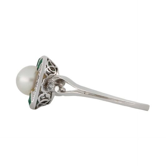 Edwardian Platinum Natural Pearl, Diamond & Emerald Ring side