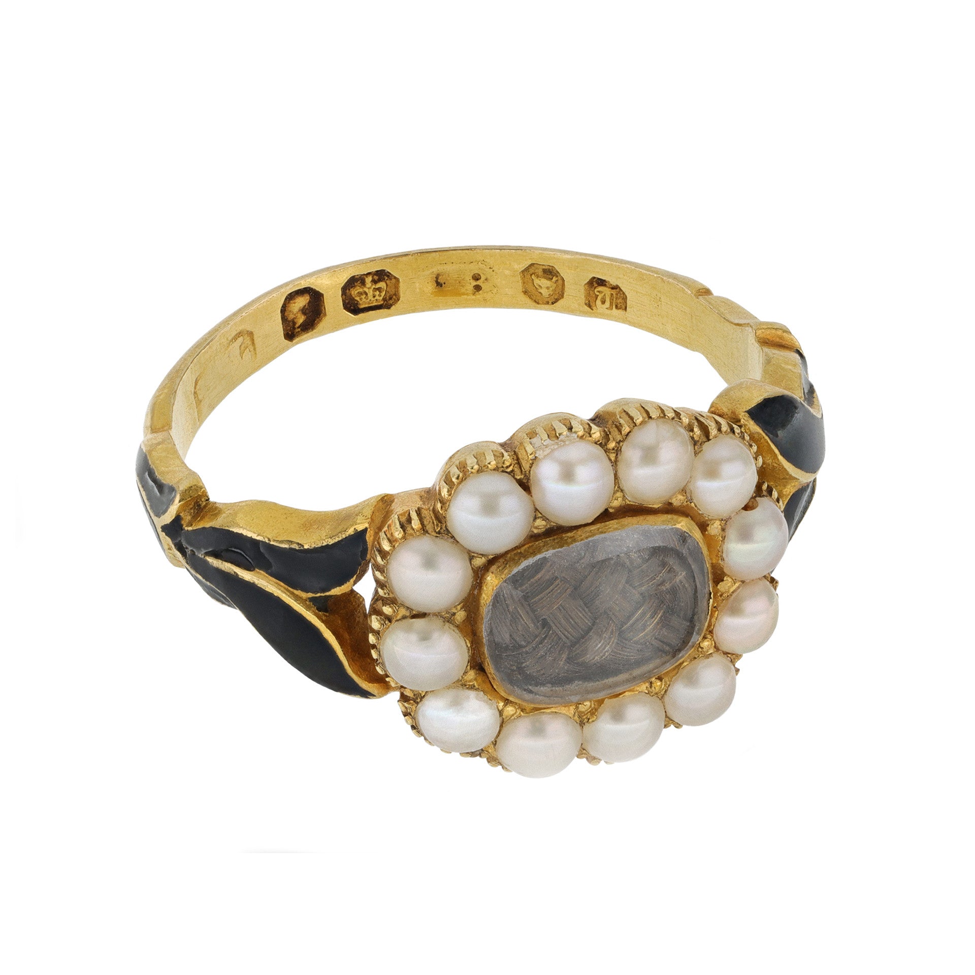English Victorian 18KT Yellow Gold Natural Pearl & Enamel Ring side