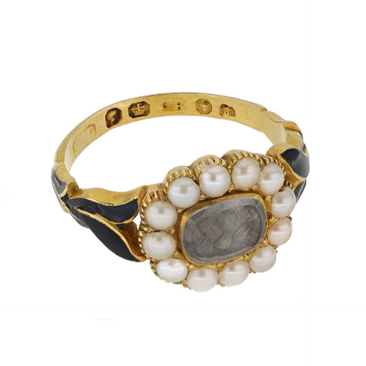 English Victorian 18KT Yellow Gold Natural Pearl & Enamel Ring side
