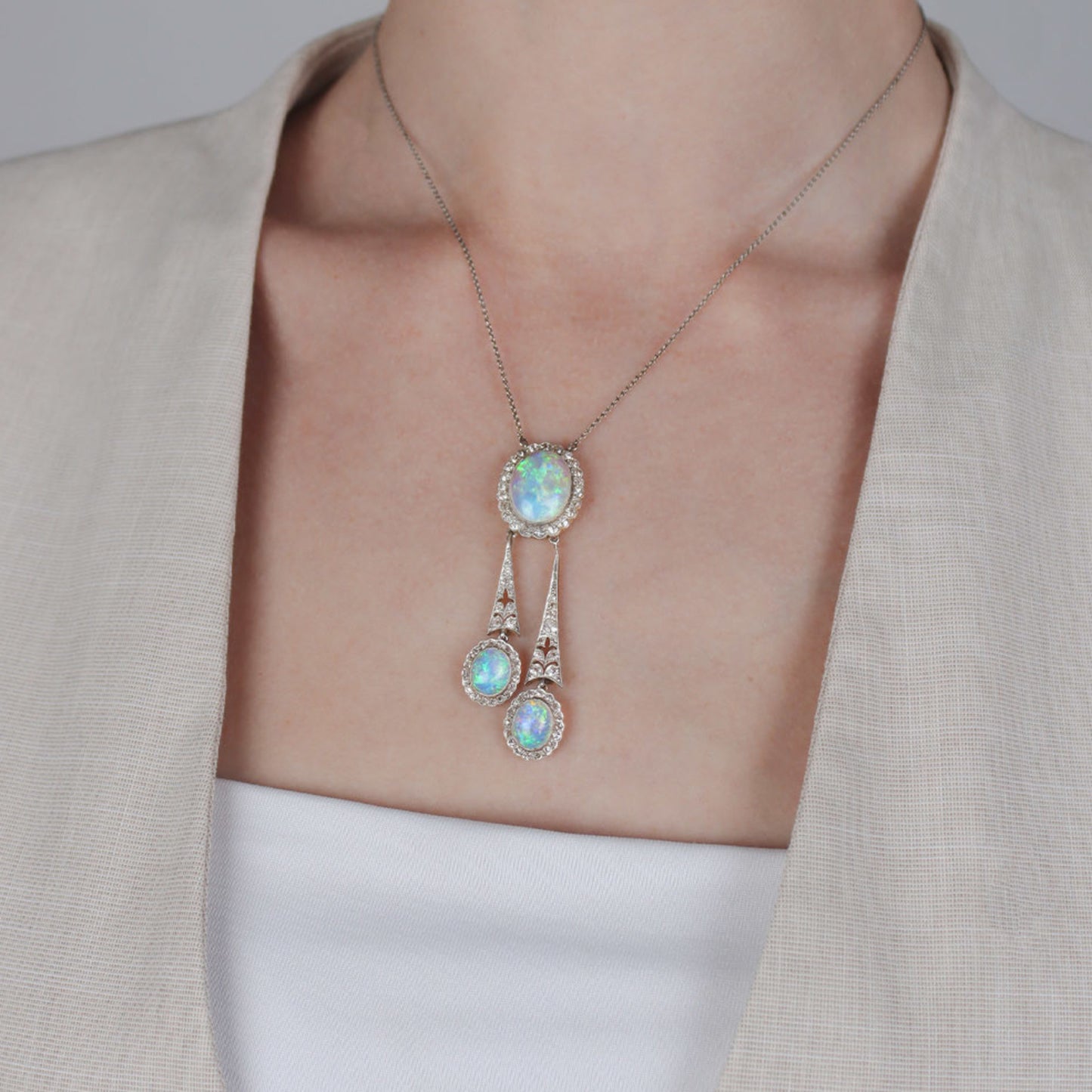 Edwardian Platinum & 15KT Yellow Gold Opal & Diamond Necklace on neck