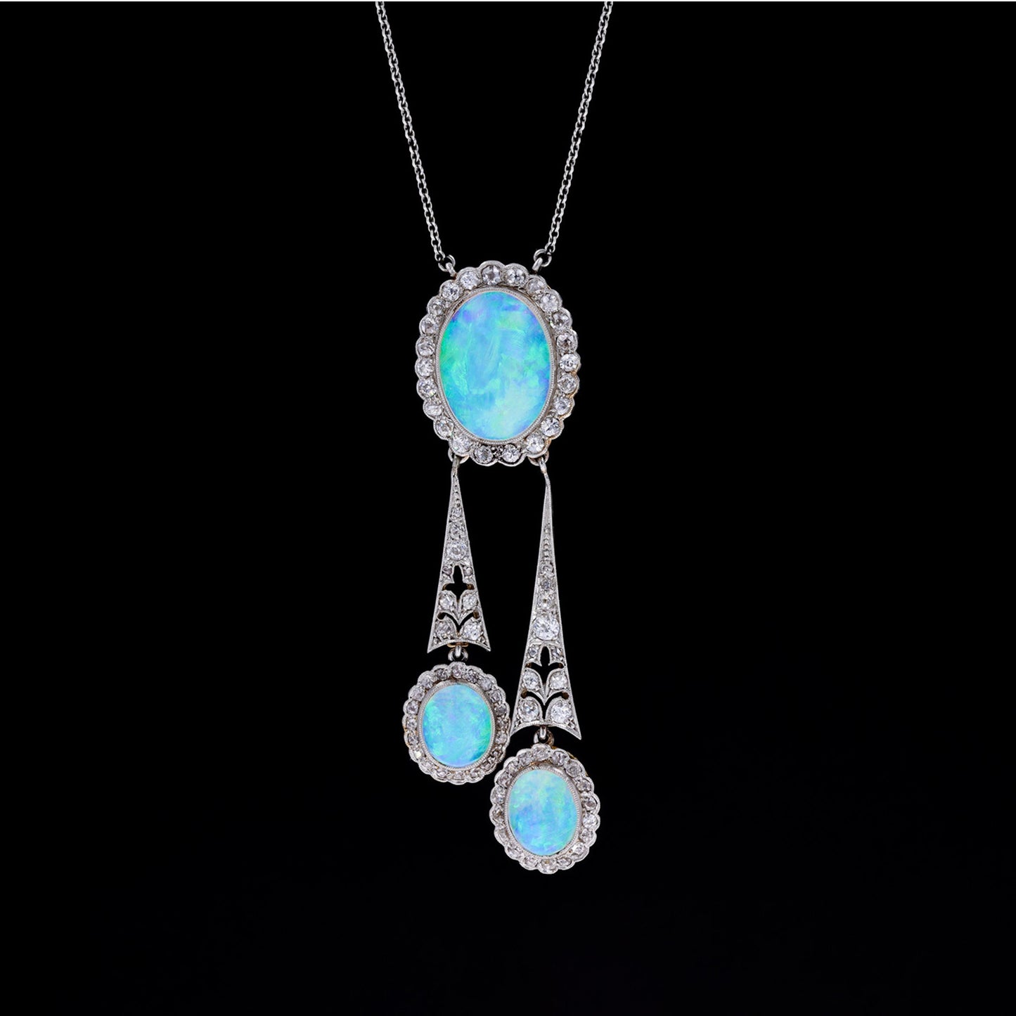 Edwardian Platinum & 15KT Yellow Gold Opal & Diamond Necklace front
