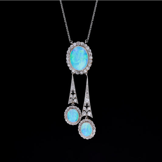 Edwardian Platinum & 15KT Yellow Gold Opal & Diamond Necklace front