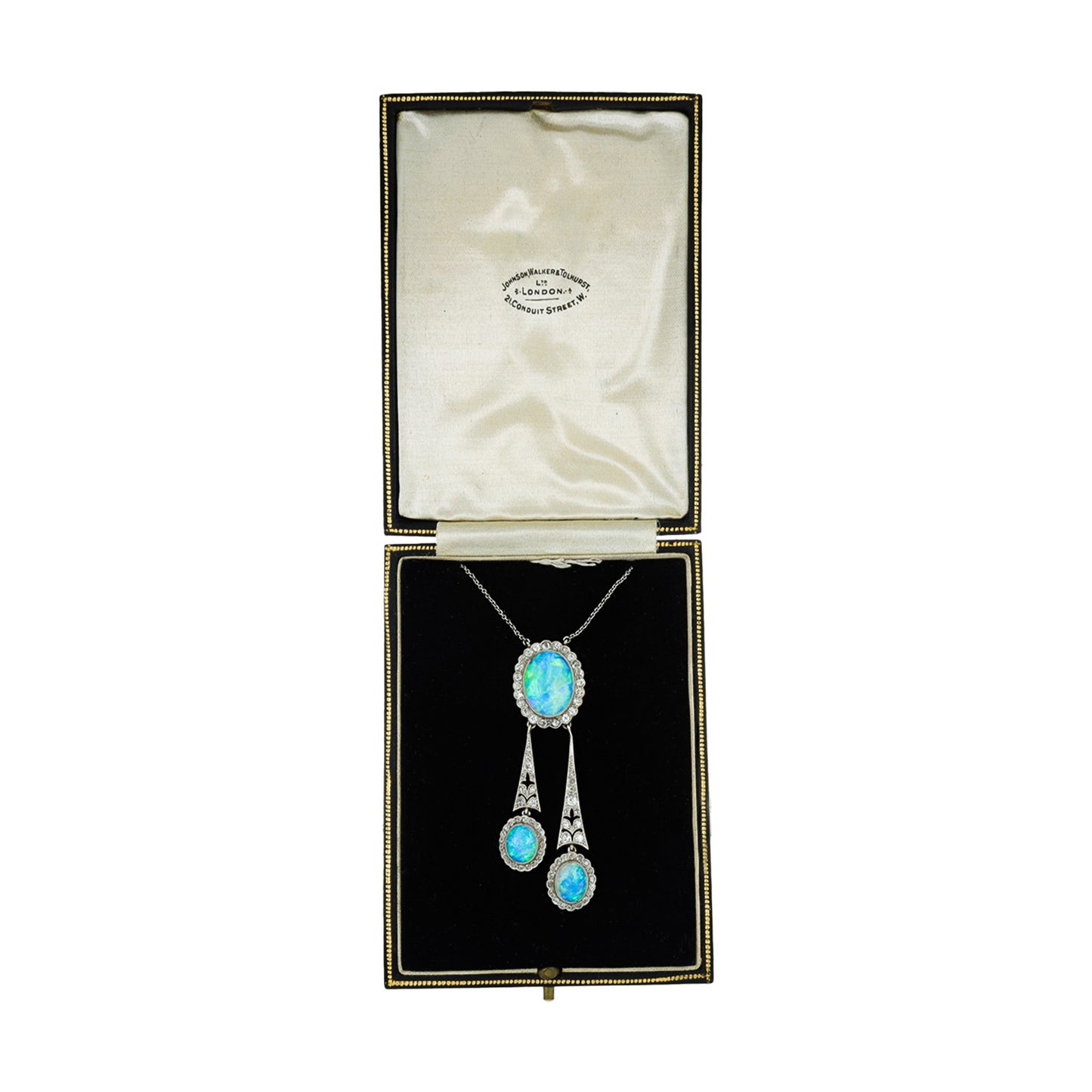 Edwardian Platinum & 15KT Yellow Gold Opal & Diamond Necklace in box