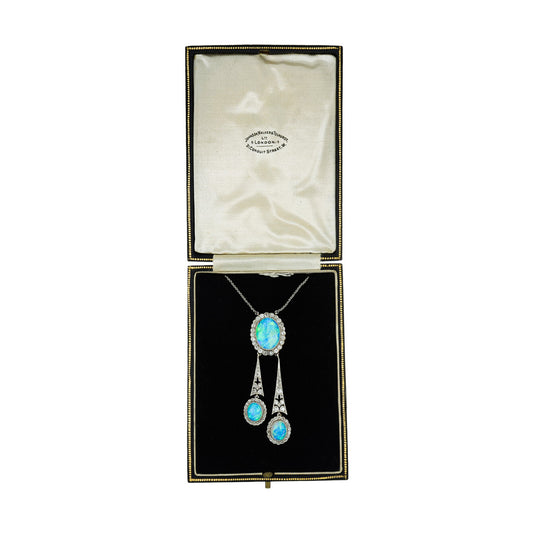 Edwardian Platinum & 15KT Yellow Gold Opal & Diamond Necklace in box