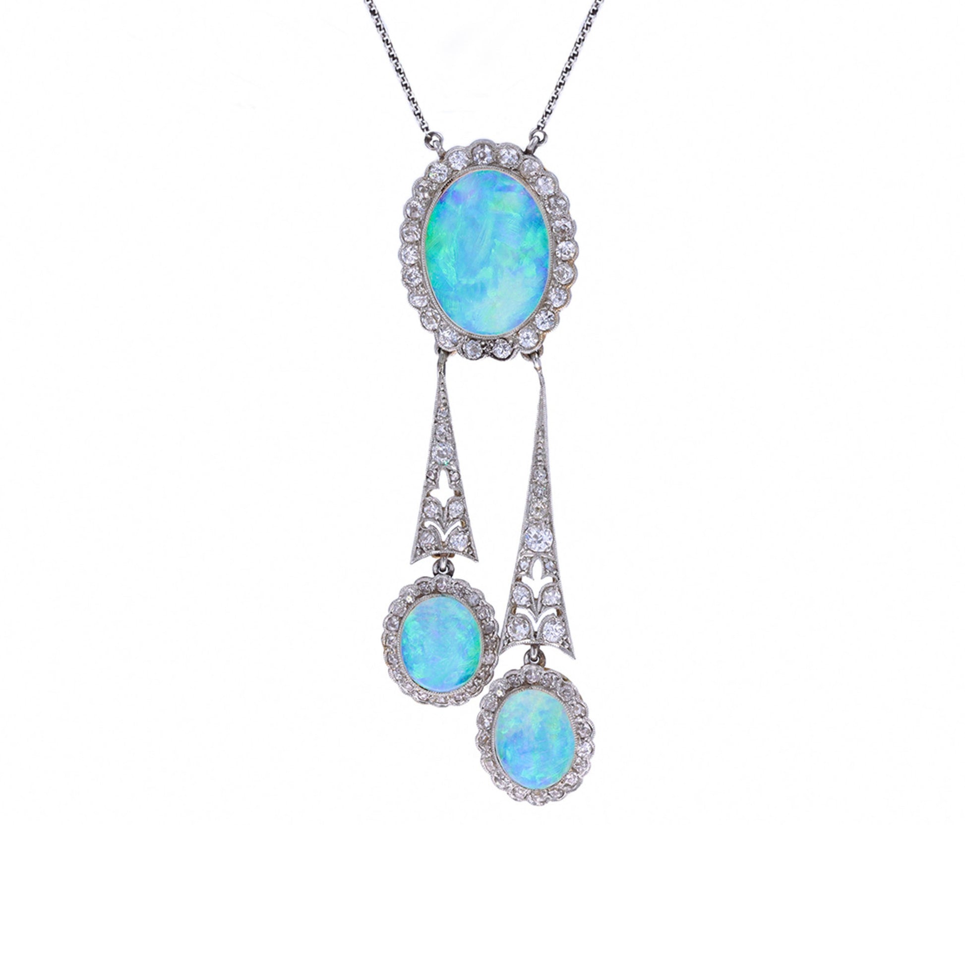 Edwardian Platinum & 15KT Yellow Gold Opal & Diamond Necklace front