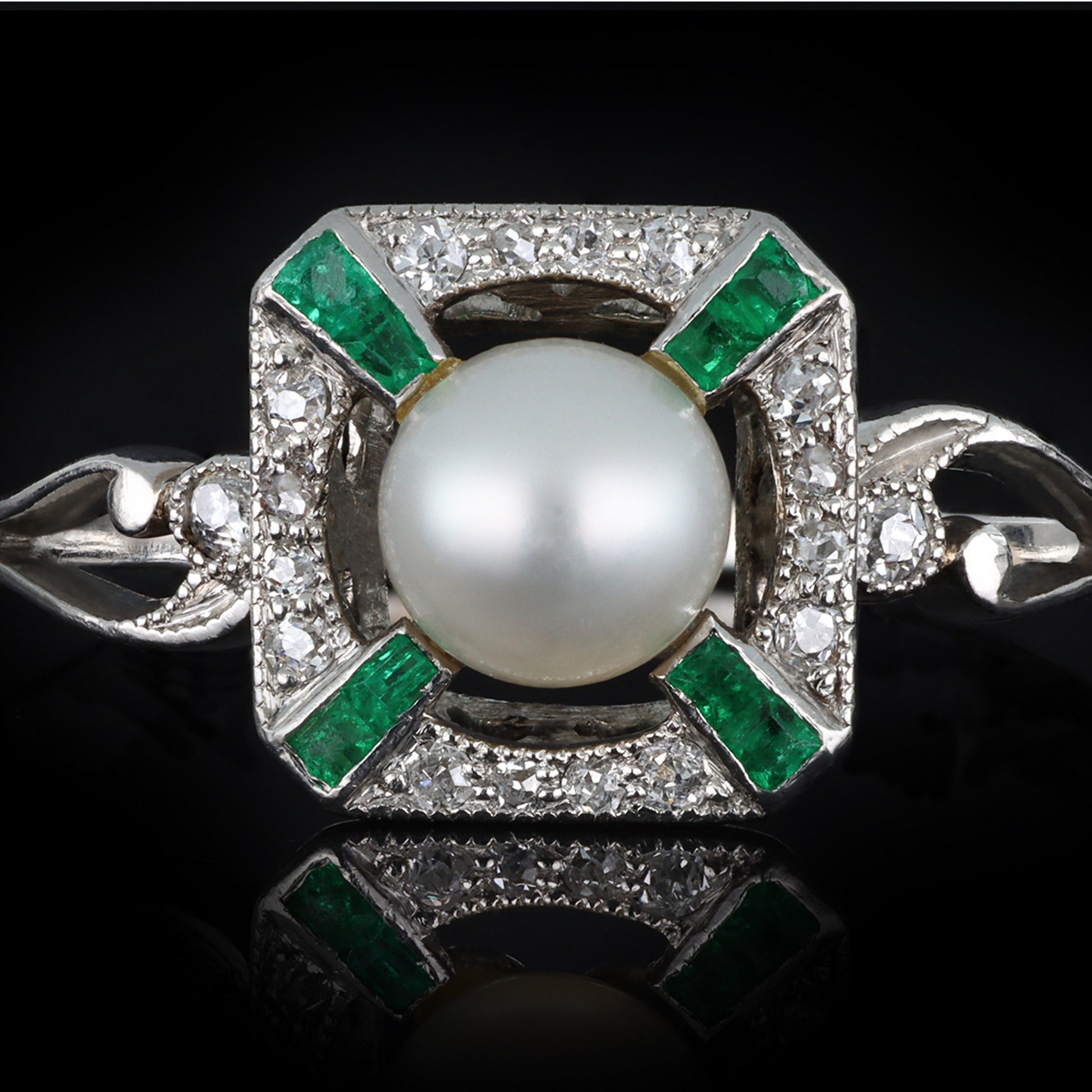 Edwardian Platinum Natural Pearl, Diamond & Emerald Ring front