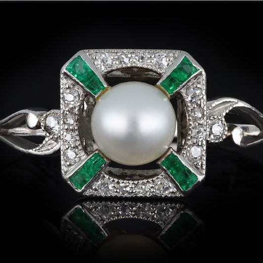 Edwardian Platinum Natural Pearl, Diamond & Emerald Ring front