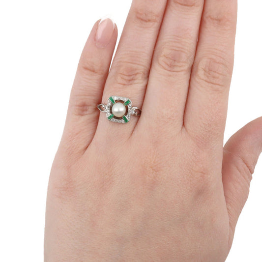 Edwardian Platinum Natural Pearl, Diamond & Emerald Ring on finger