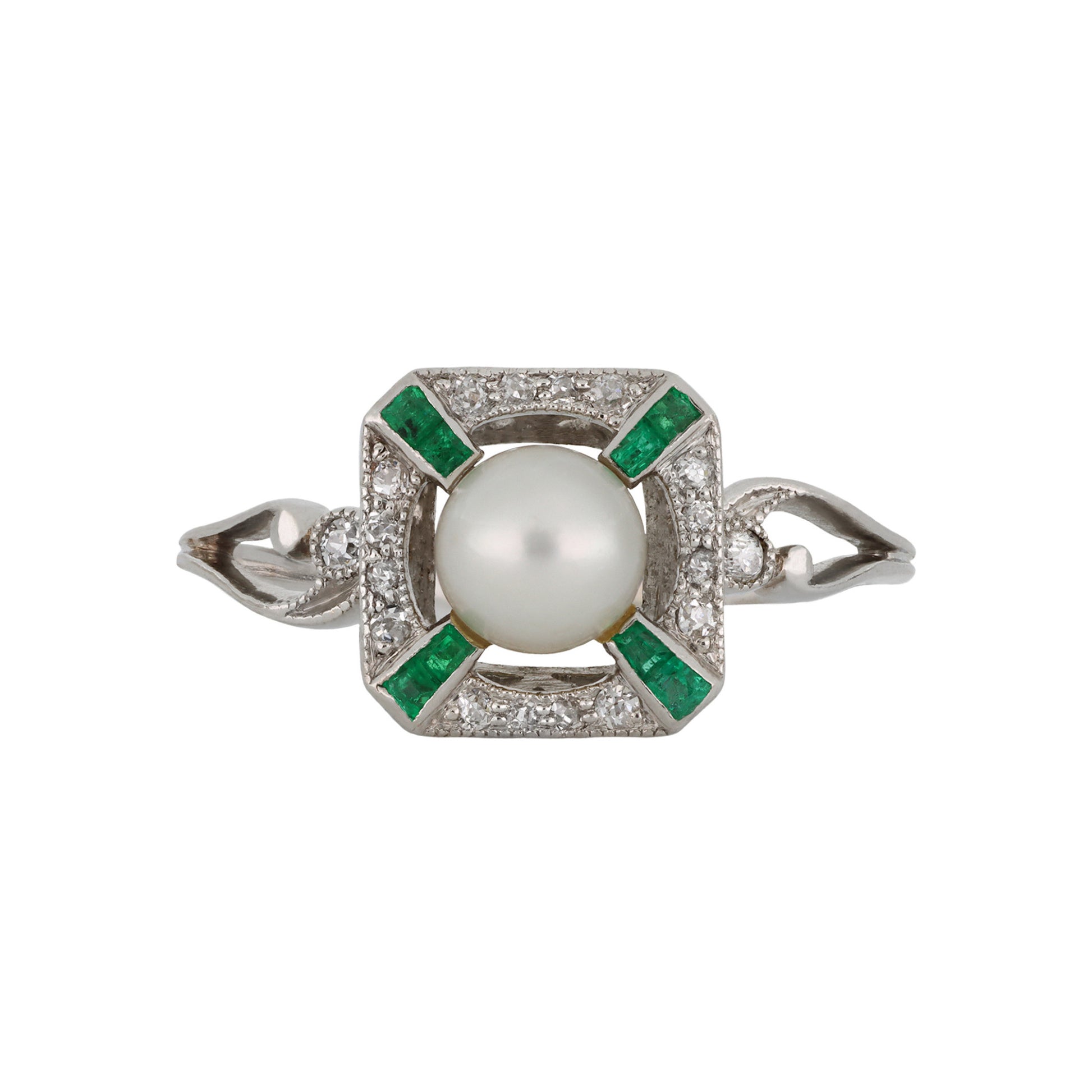 Edwardian Platinum Natural Pearl, Diamond & Emerald Ring front