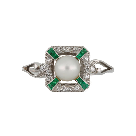Edwardian Platinum Natural Pearl, Diamond & Emerald Ring front
