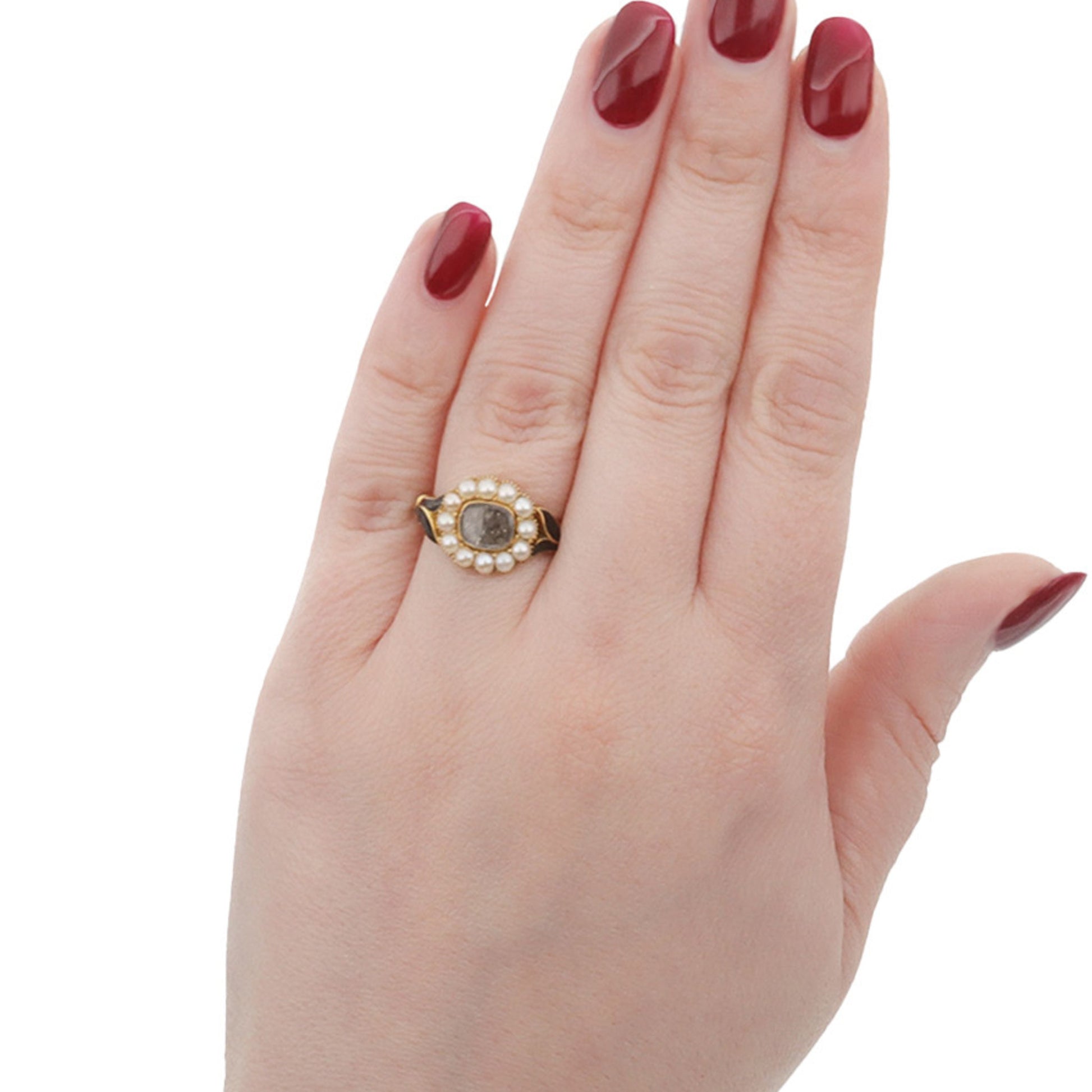 English Victorian 18KT Yellow Gold Natural Pearl & Enamel Ring on finger