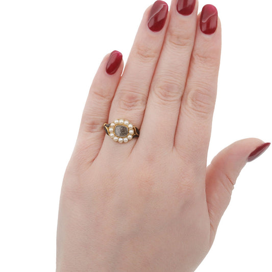 English Victorian 18KT Yellow Gold Natural Pearl & Enamel Ring on finger