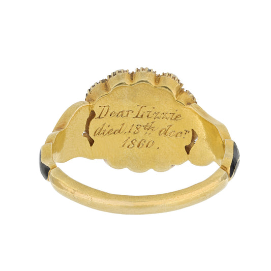 English Victorian 18KT Yellow Gold Natural Pearl & Enamel Ring back