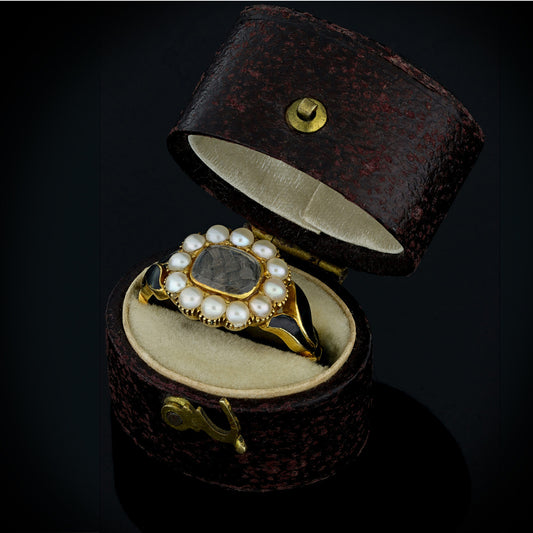 English Victorian 18KT Yellow Gold Natural Pearl & Enamel Ring in box