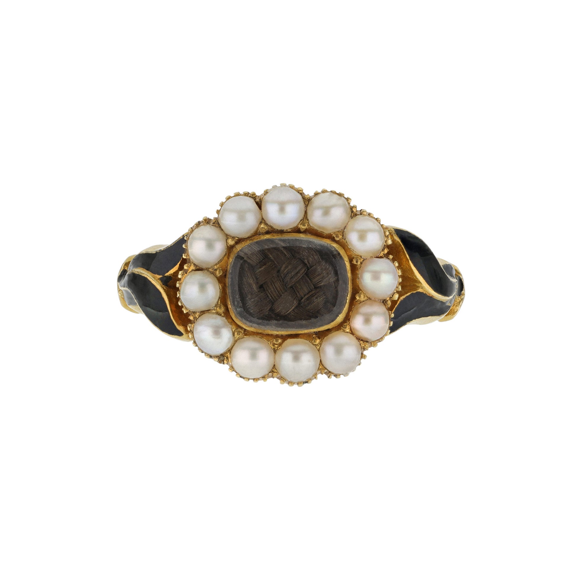 English Victorian 18KT Yellow Gold Natural Pearl & Enamel Ring front