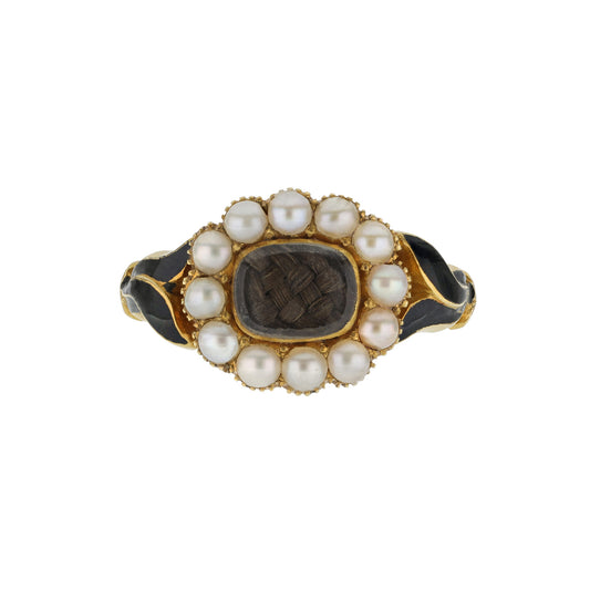 English Victorian 18KT Yellow Gold Natural Pearl & Enamel Ring front