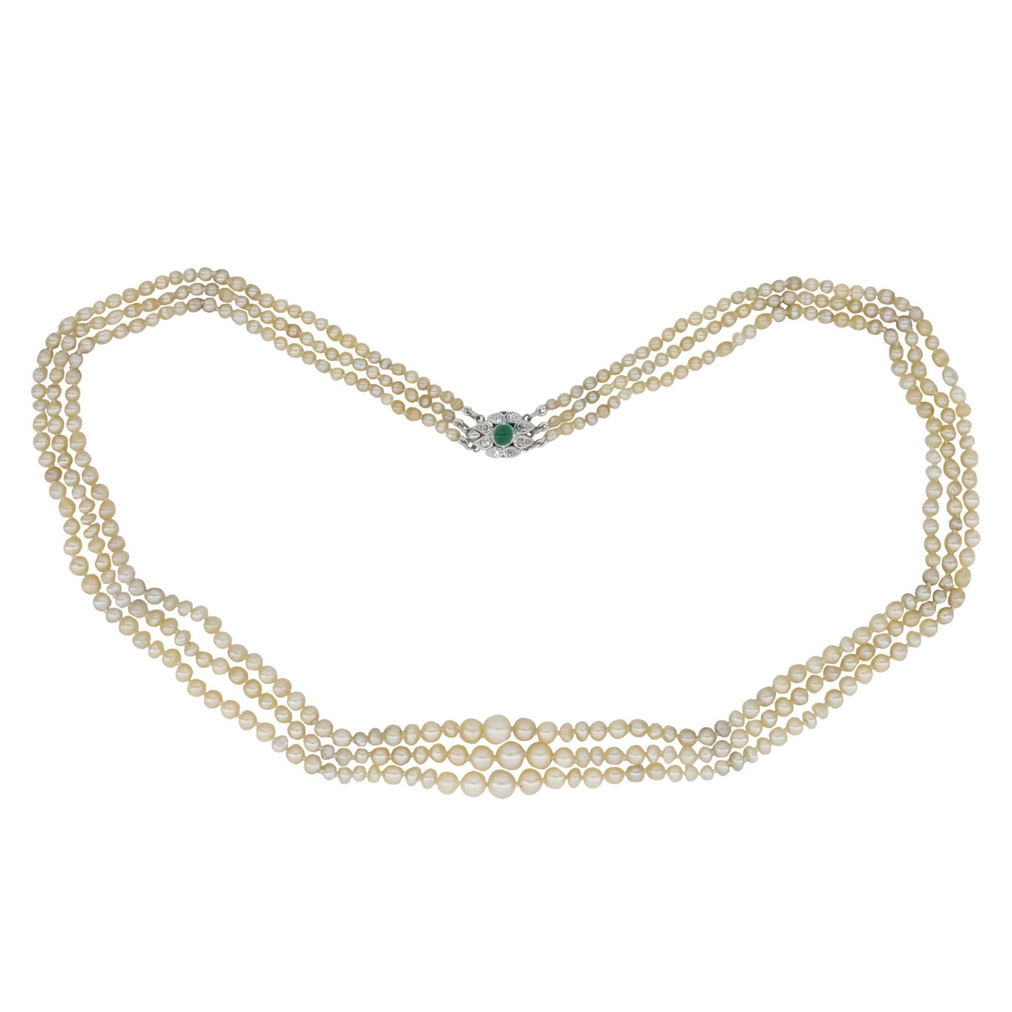 Mellerio Paris Edwardian 18KT White Gold Natural Pearl, Diamond & Emerald Necklace front