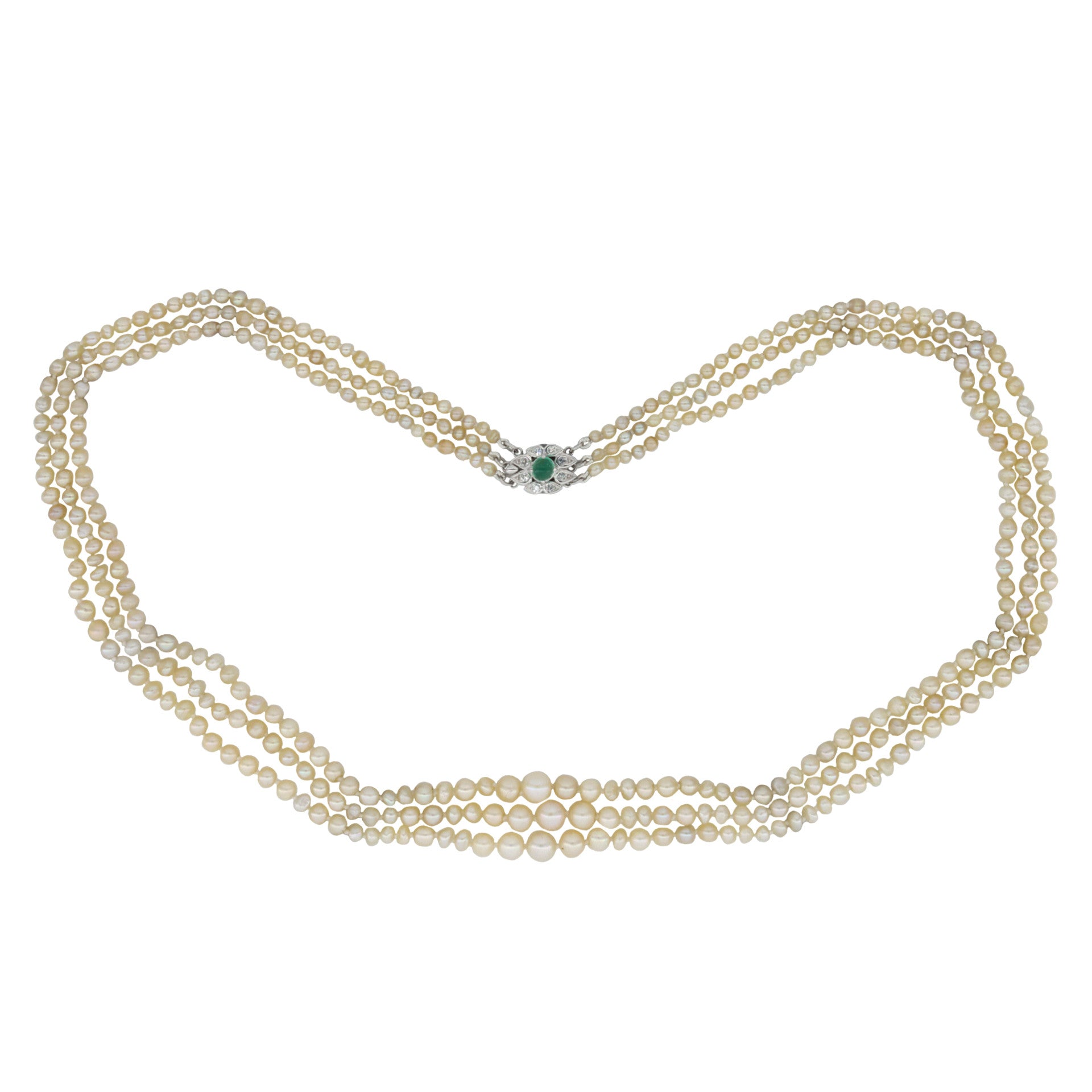 Mellerio Paris Edwardian 18KT White Gold Natural Pearl, Diamond & Emerald Necklace front