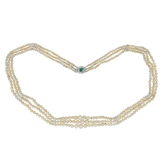Mellerio Paris Edwardian 18KT White Gold Natural Pearl, Diamond & Emerald Necklace front