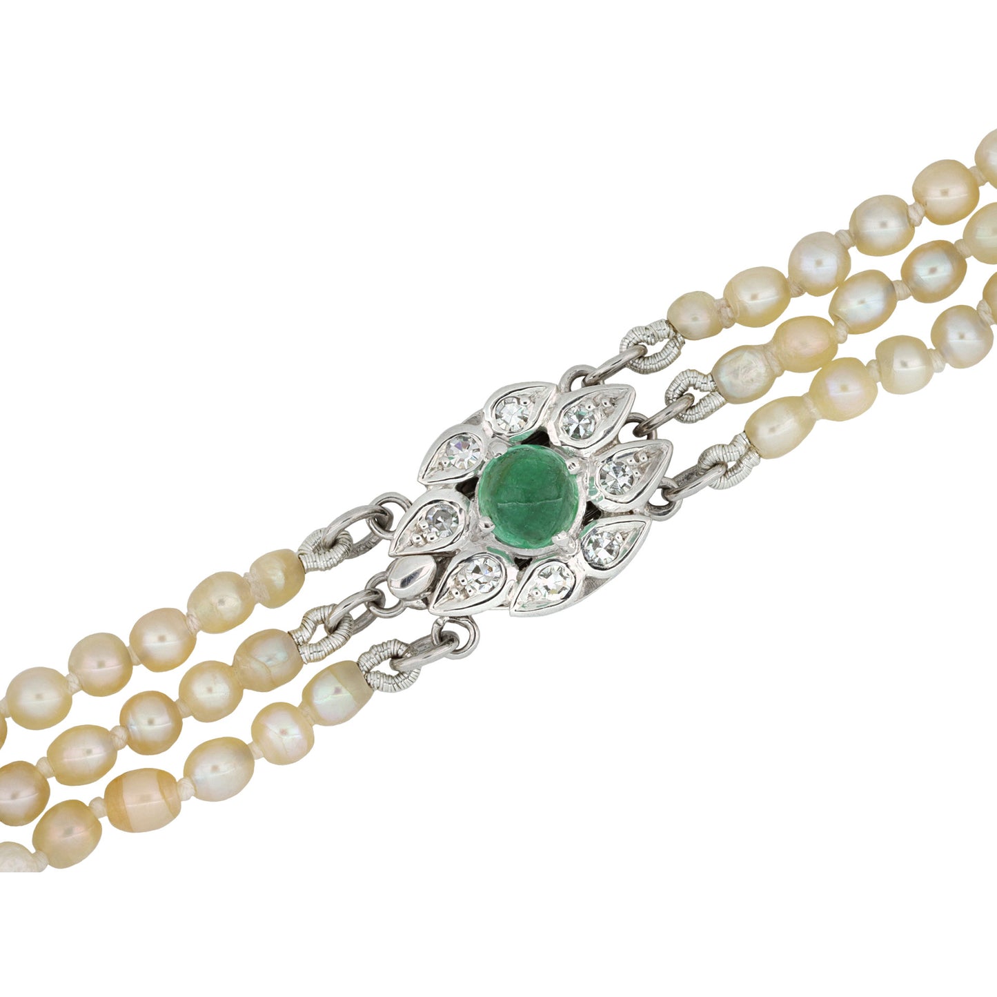 Mellerio Paris Edwardian 18KT White Gold Natural Pearl, Diamond & Emerald Necklace clasp