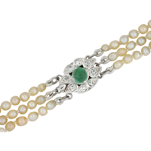 Mellerio Paris Edwardian 18KT White Gold Natural Pearl, Diamond & Emerald Necklace clasp