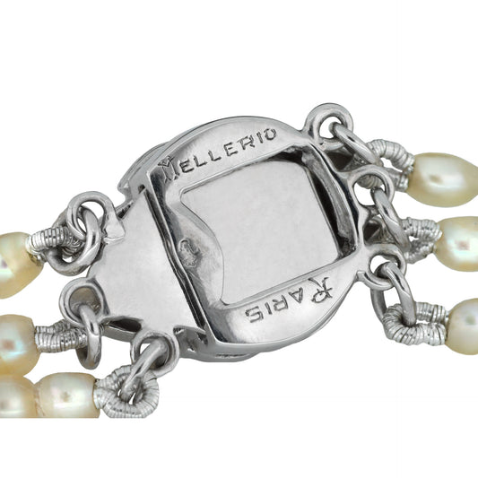 Mellerio Paris Edwardian 18KT White Gold Natural Pearl, Diamond & Emerald Necklace signature