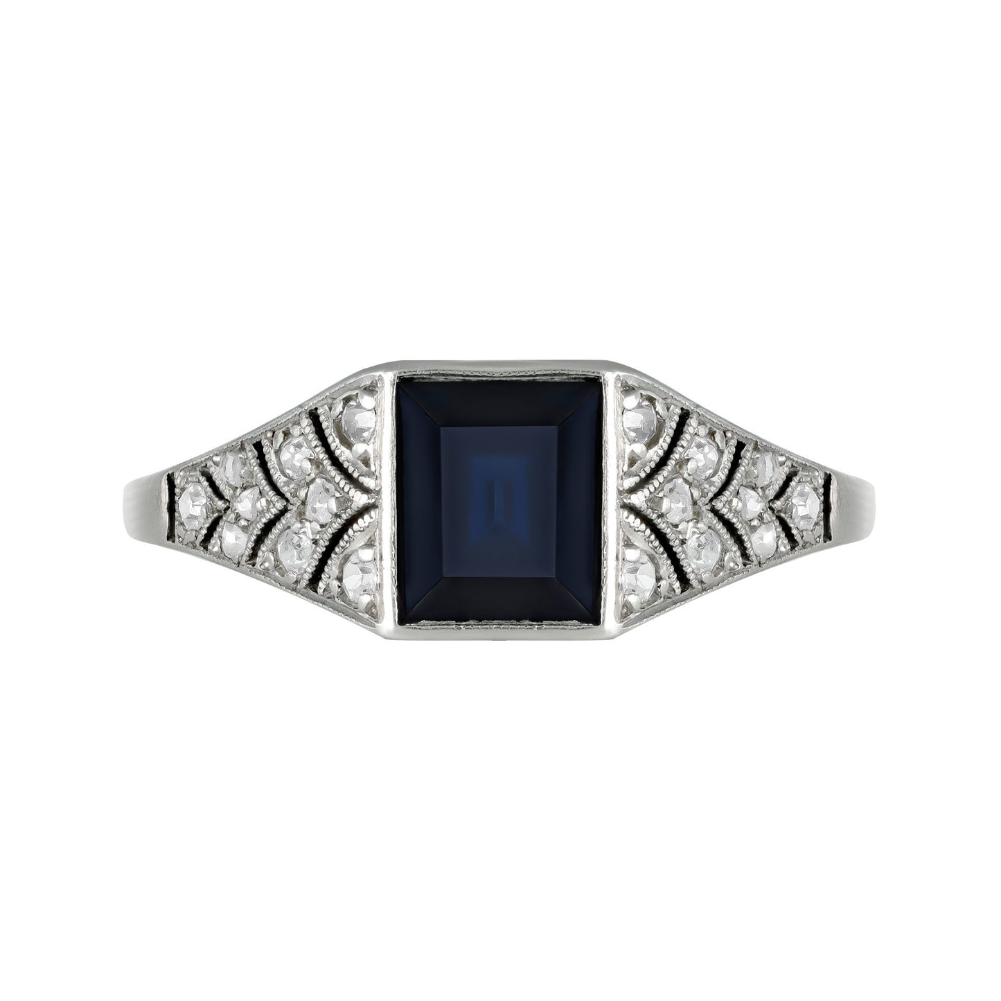 French Art Deco Platinum Sapphire & Diamond Ring front