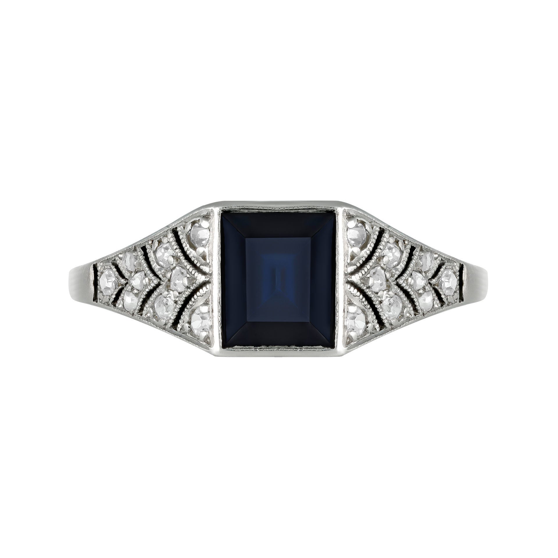 French Art Deco Platinum Sapphire & Diamond Ring front
