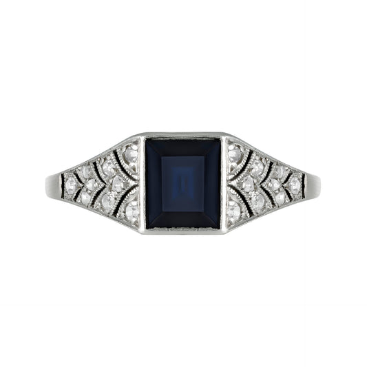 French Art Deco Platinum Sapphire & Diamond Ring front