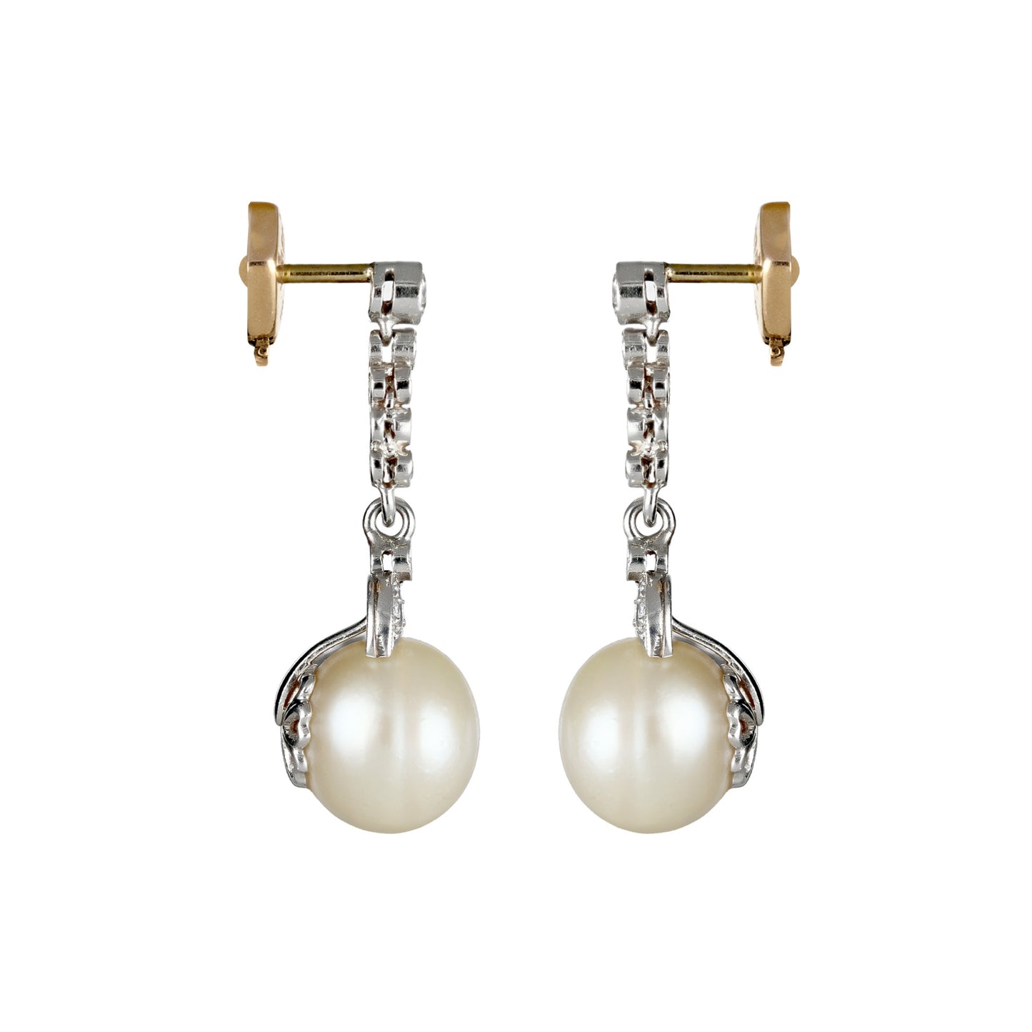 Edwardian Platinum & 18KT Yellow Gold Natural Pearl & Diamond Earrings side