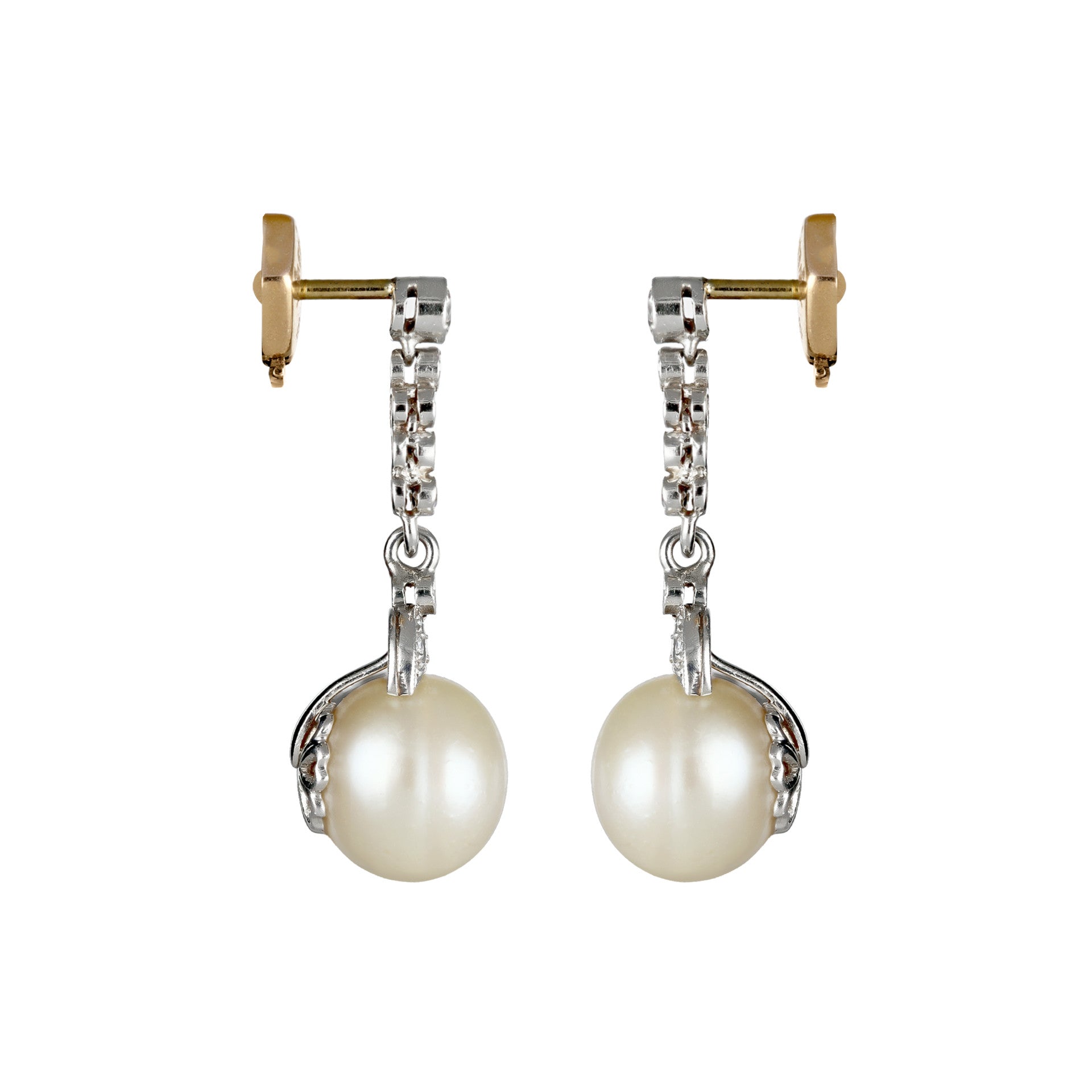 Edwardian Platinum & 18KT Yellow Gold Natural Pearl & Diamond Earrings side