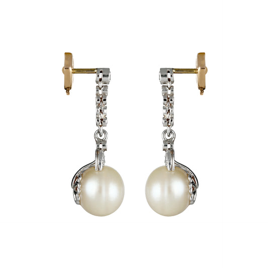 Edwardian Platinum & 18KT Yellow Gold Natural Pearl & Diamond Earrings side