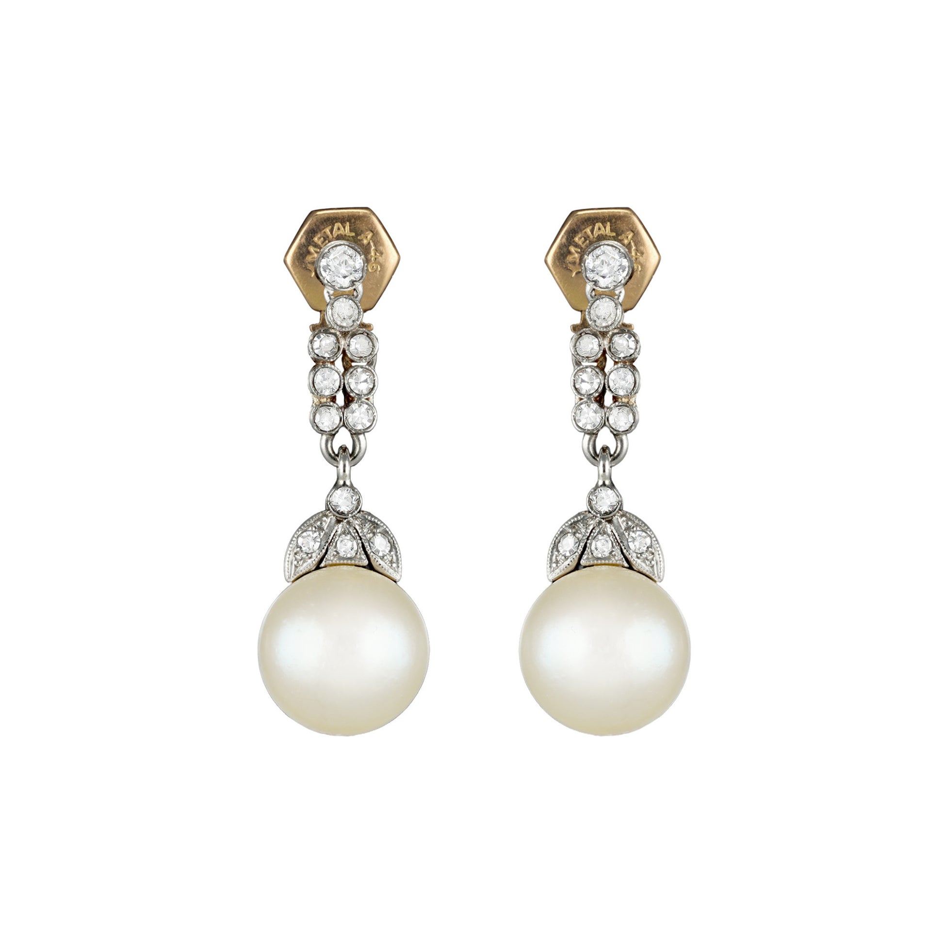 Edwardian Platinum & 18KT Yellow Gold Natural Pearl & Diamond Earrings front