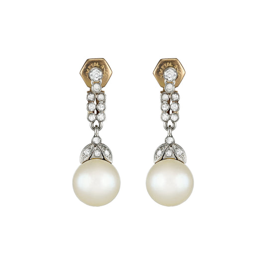 Edwardian Platinum & 18KT Yellow Gold Natural Pearl & Diamond Earrings front