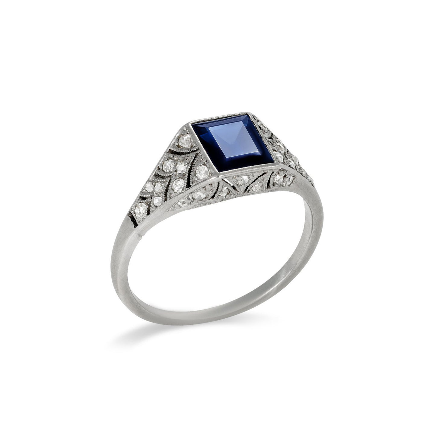 French Art Deco Platinum Sapphire & Diamond Ring front