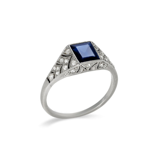 French Art Deco Platinum Sapphire & Diamond Ring front