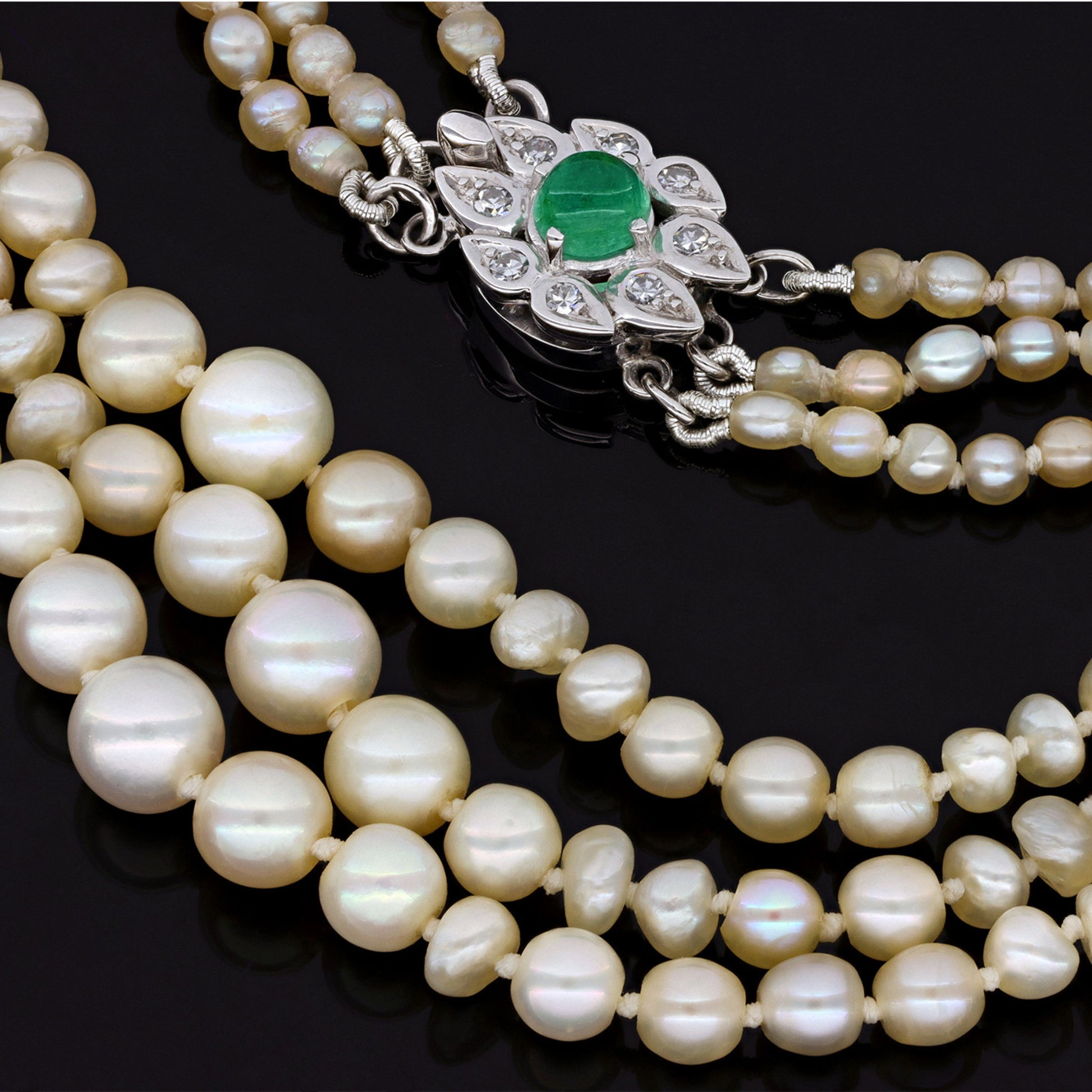 Mellerio Paris Edwardian 18KT White Gold Natural Pearl, Diamond & Emerald Necklace close-up details